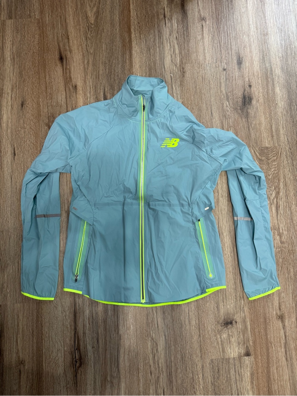 New Balance Women's Light Blue Shell Jacket with Neon Yellow Trim